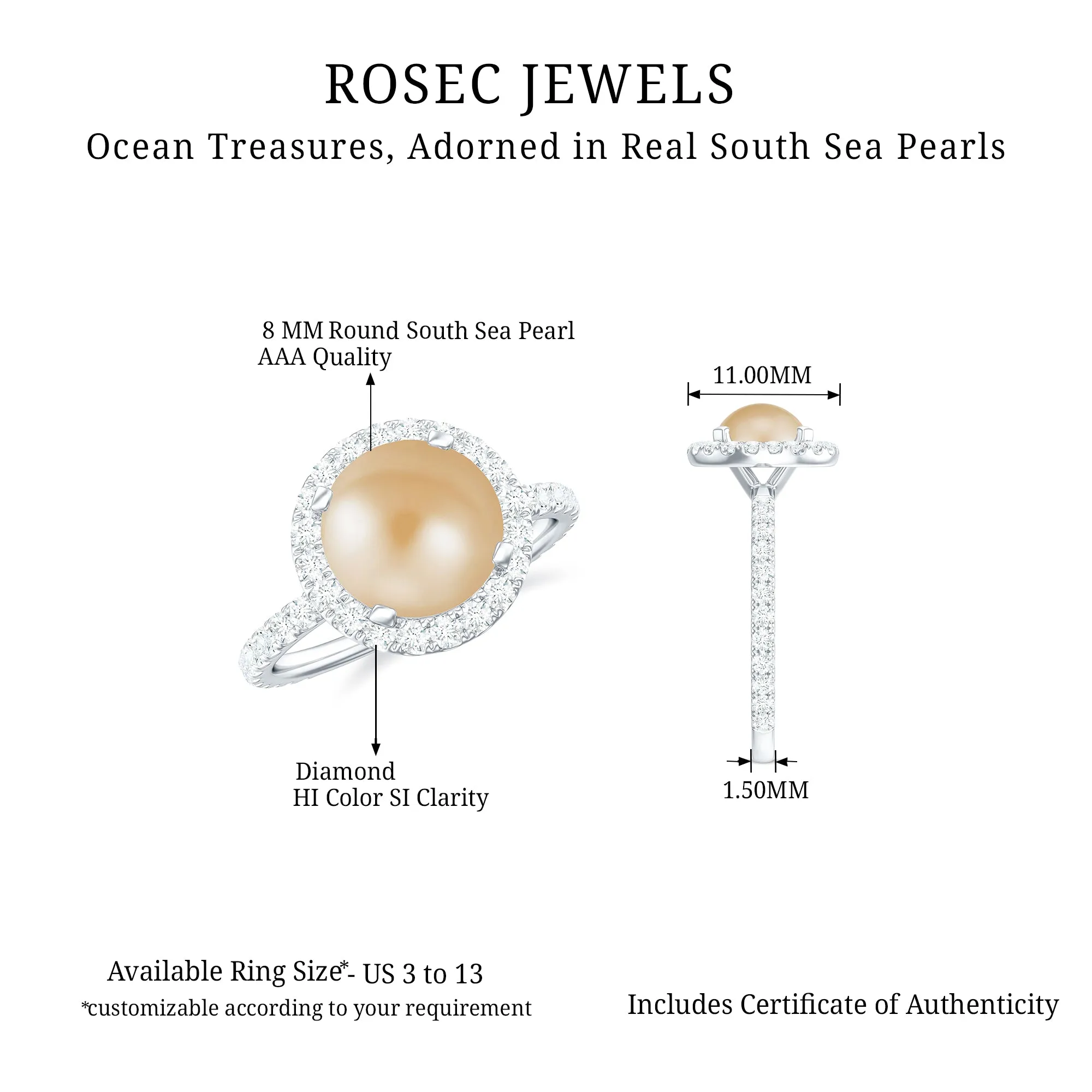 8 MM South Sea Pearl Engagement Ring with Diamond Floating Halo