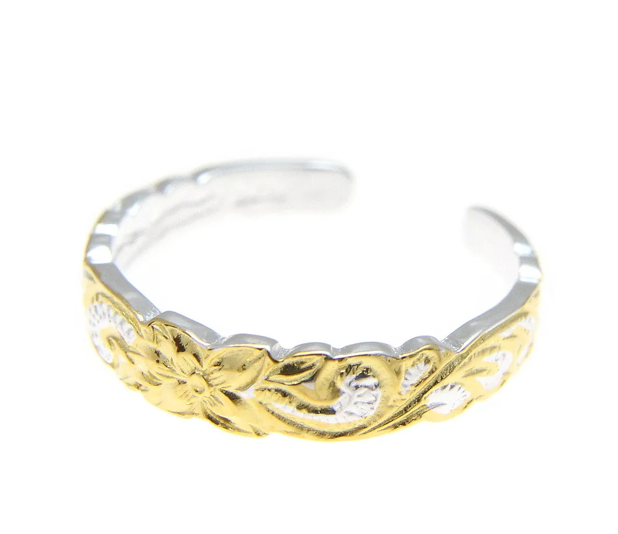 925 Sterling Silver Yellow Gold 2T Hawaiian Plumeria Flower Scroll 4mm Toe Ring