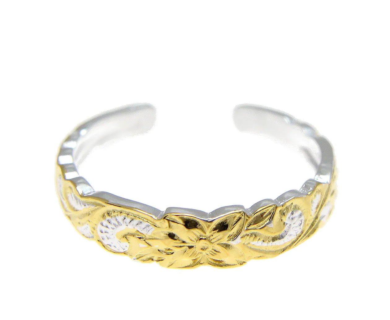 925 Sterling Silver Yellow Gold 2T Hawaiian Plumeria Flower Scroll 4mm Toe Ring