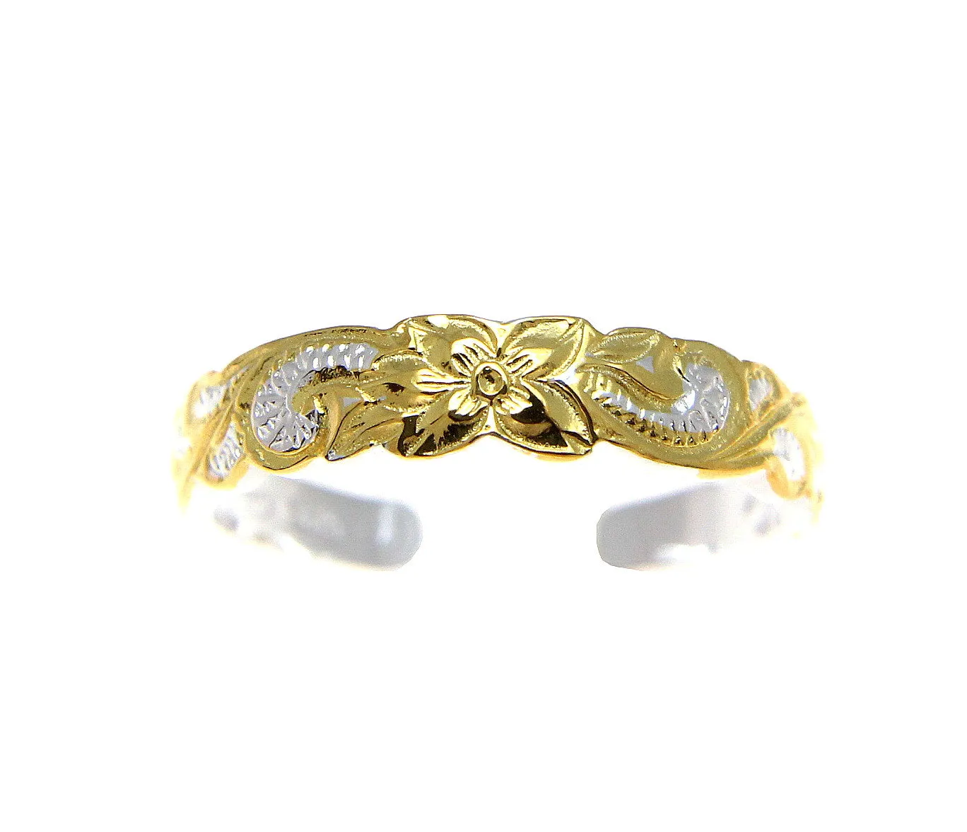 925 Sterling Silver Yellow Gold 2T Hawaiian Plumeria Flower Scroll 4mm Toe Ring