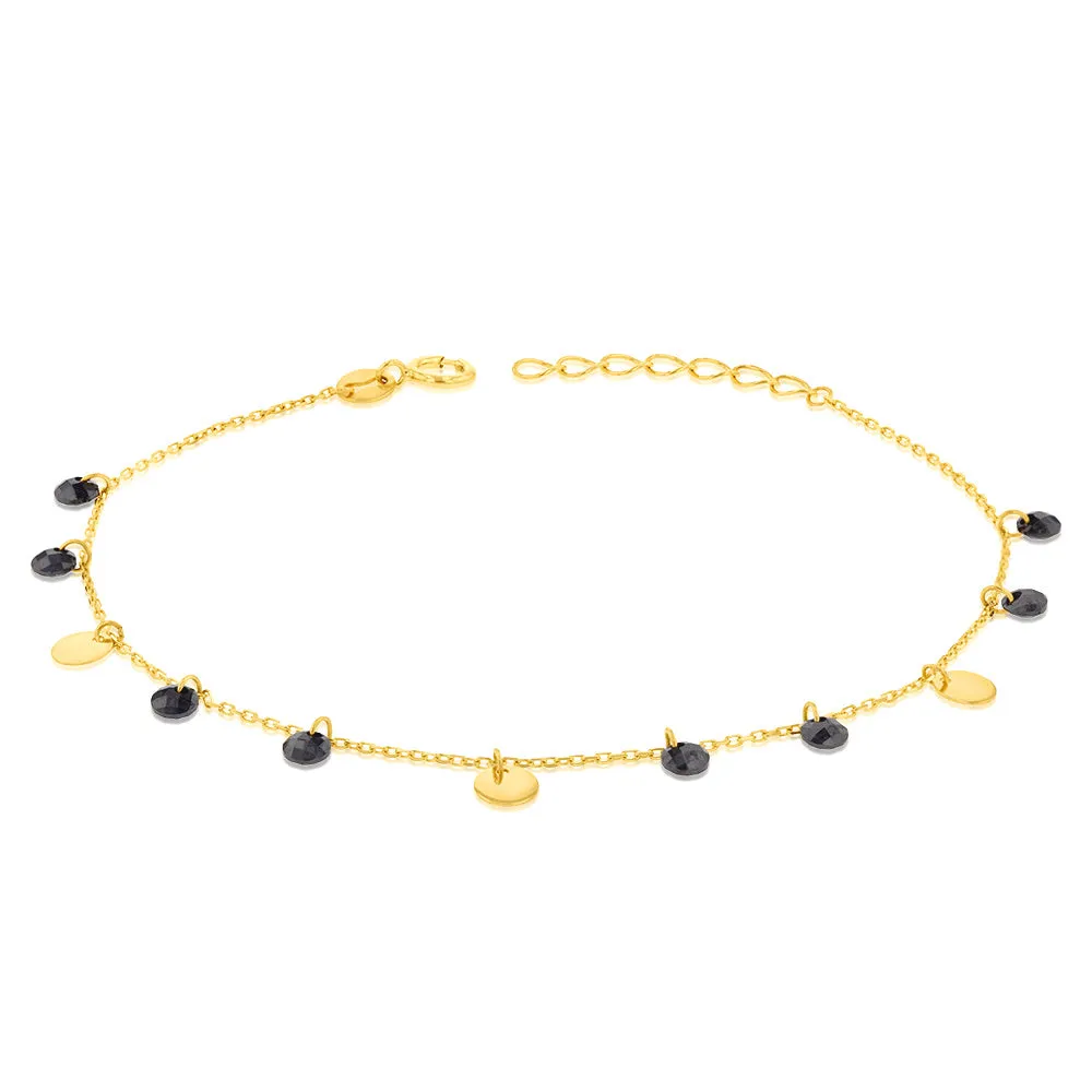 9ct Yellow Gold Black Zirconia and Gold Disc Charm 17.8cm Bracelet