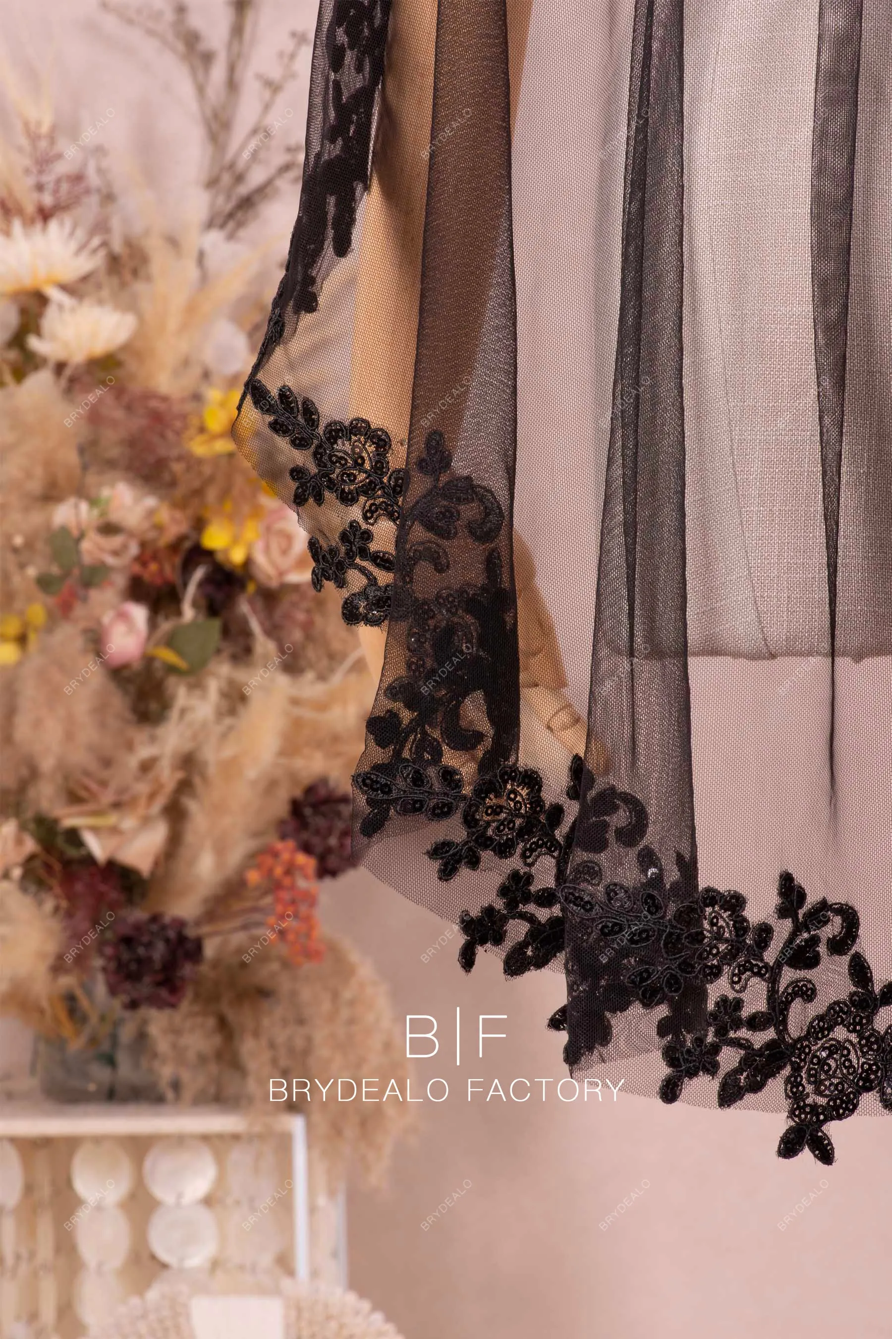 Black Semi Lace Fingertip Length Wedding Veil