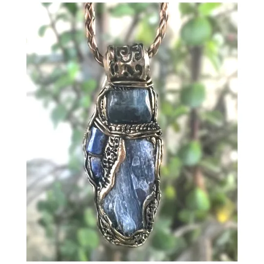 Blue Kyanite and Lapis Lazuli raw healing stone amulet necklace