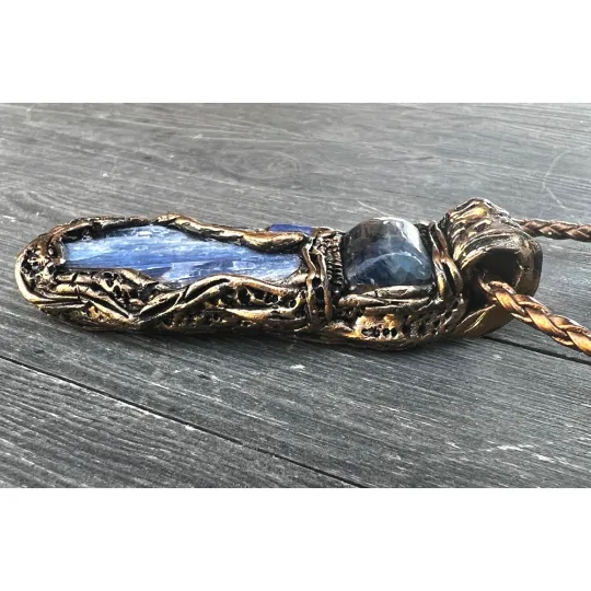 Blue Kyanite and Lapis Lazuli raw healing stone amulet necklace