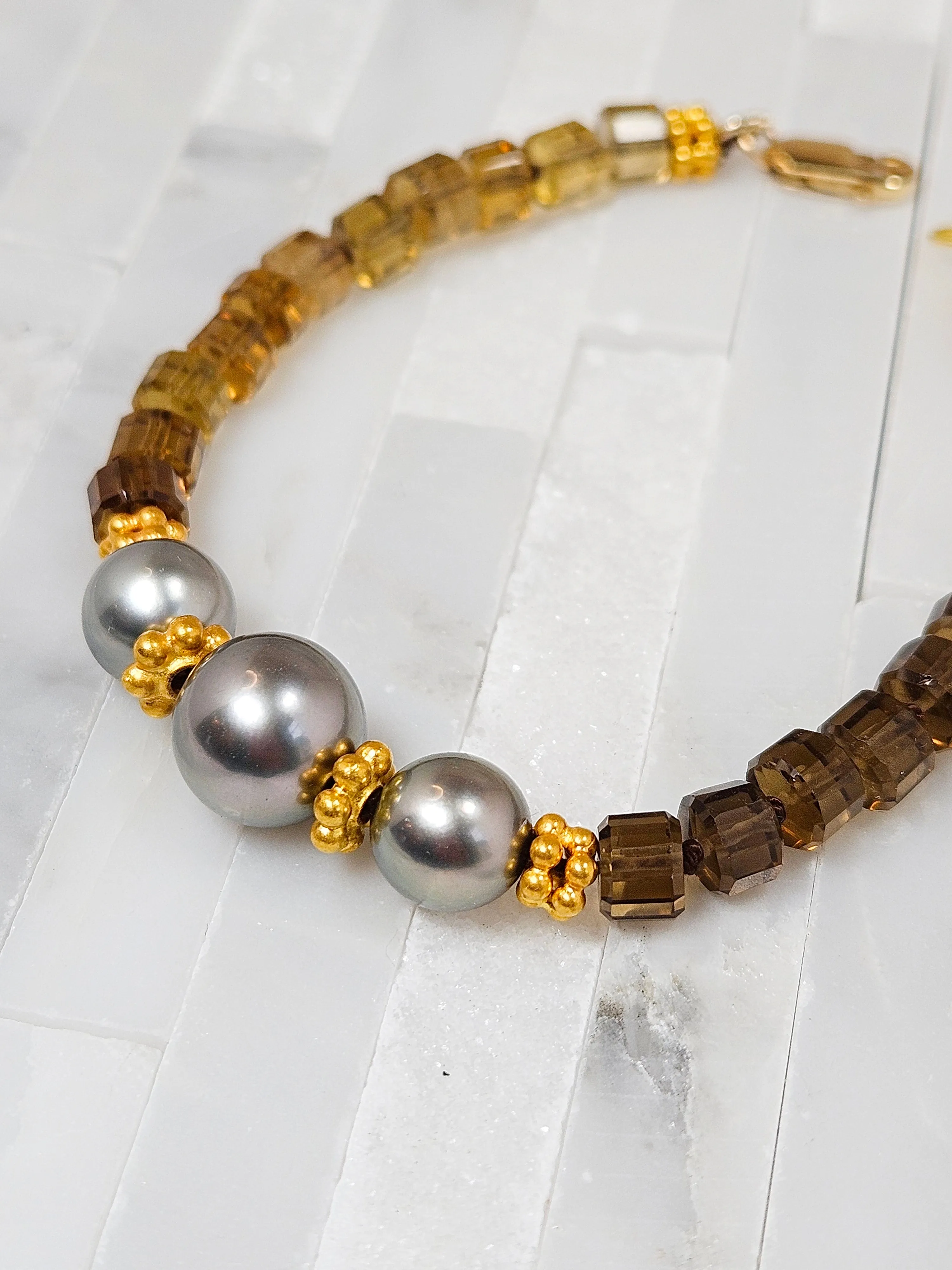 Cognac Quartz Gemstone and Tahitian Pearl 18K Gold Bracelet