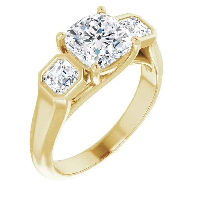 Cubic Zirconia Engagement Ring- The Alana Marie (Customizable 3-stone Cathedral Cushion Cut Design with Twin Asscher Cut Side Stones)