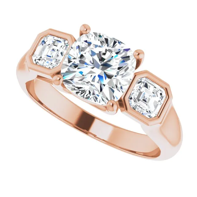 Cubic Zirconia Engagement Ring- The Alana Marie (Customizable 3-stone Cathedral Cushion Cut Design with Twin Asscher Cut Side Stones)