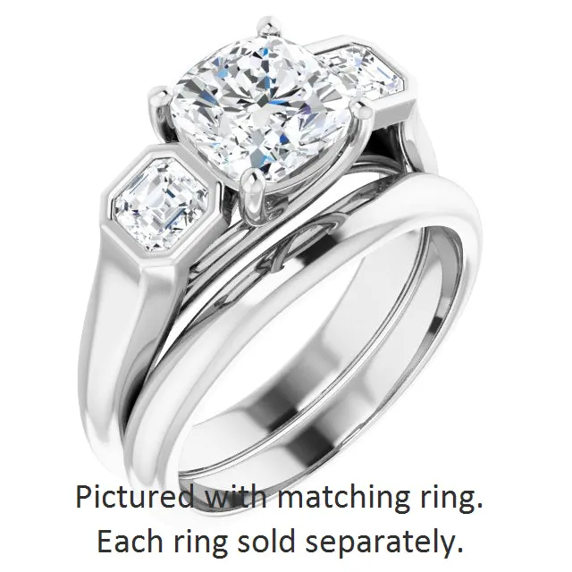 Cubic Zirconia Engagement Ring- The Alana Marie (Customizable 3-stone Cathedral Cushion Cut Design with Twin Asscher Cut Side Stones)