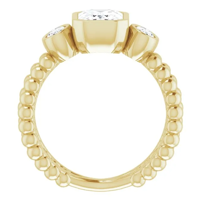 Cubic Zirconia Engagement Ring- The a'Malisa (Customizable 3-stone Emerald Cut Design with 2 Oval Cut Side Stones and Wide, Bubble-Bead Split-Band)