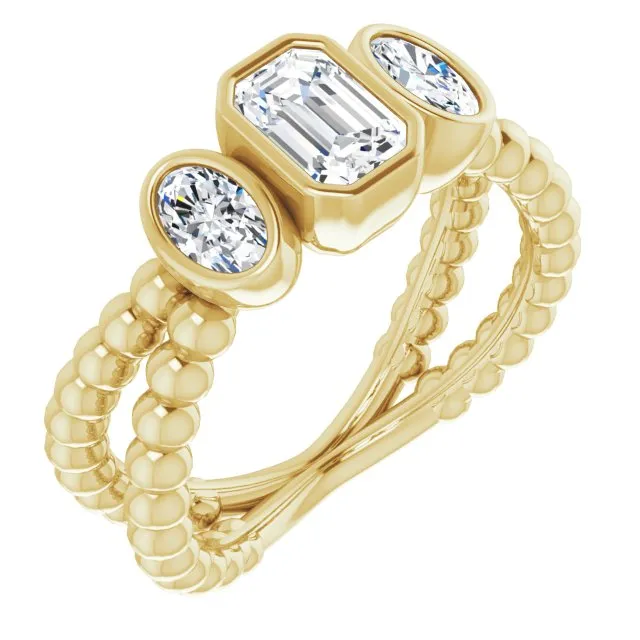 Cubic Zirconia Engagement Ring- The a'Malisa (Customizable 3-stone Emerald Cut Design with 2 Oval Cut Side Stones and Wide, Bubble-Bead Split-Band)