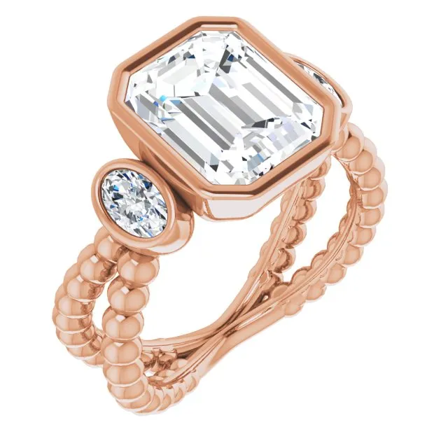 Cubic Zirconia Engagement Ring- The a'Malisa (Customizable 3-stone Emerald Cut Design with 2 Oval Cut Side Stones and Wide, Bubble-Bead Split-Band)