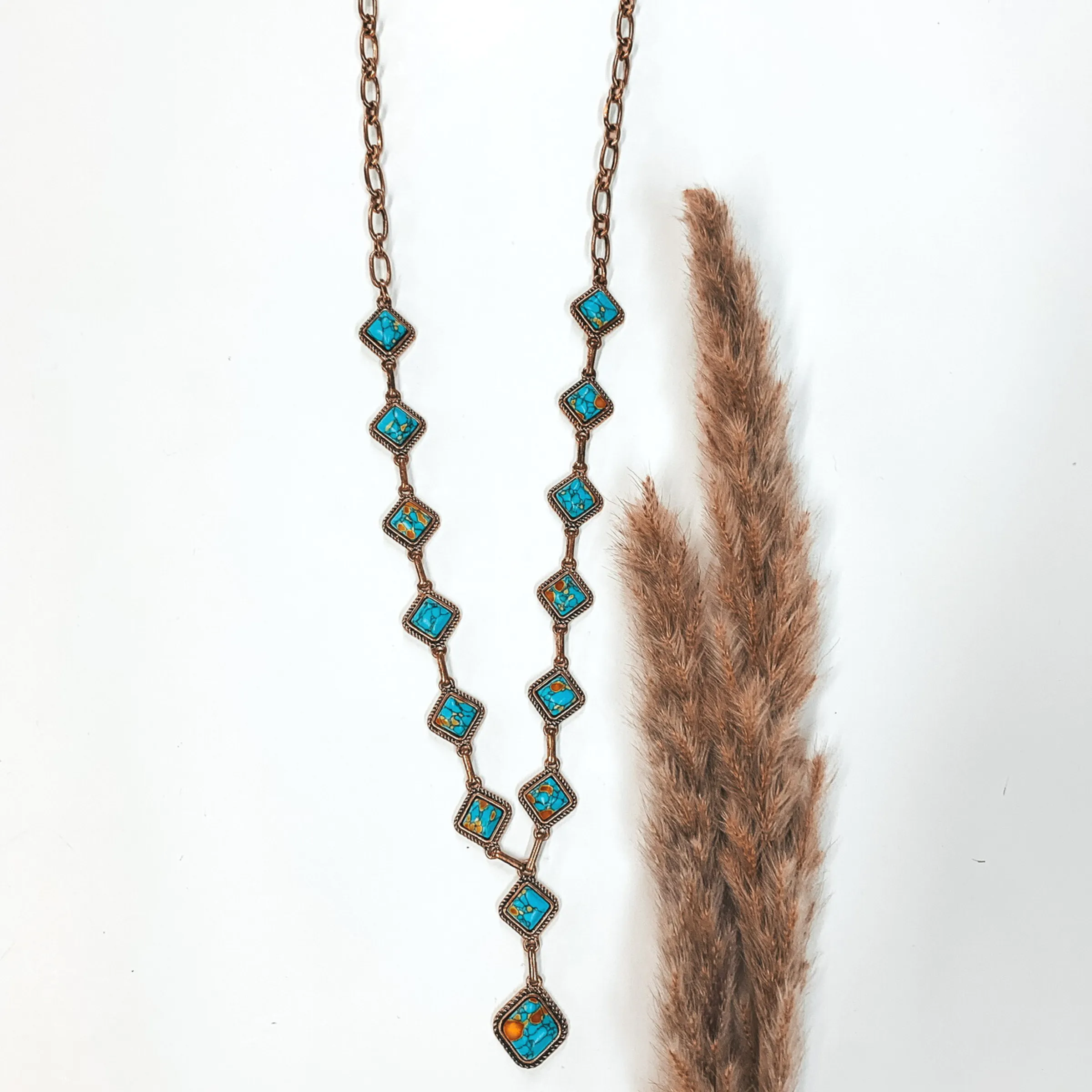 Gold Chain Necklace with Turquoise Square Stones
