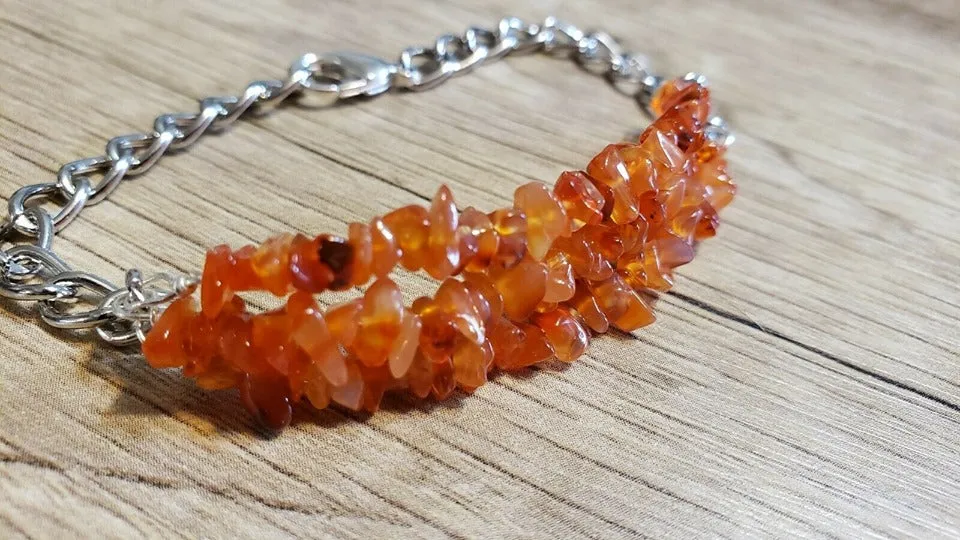 Hand Crafted All Natural Carnelian Gemstone & Chain Bracelet. Triple Strand, Adjustable to 7.5" with Lobster Claw Clasp