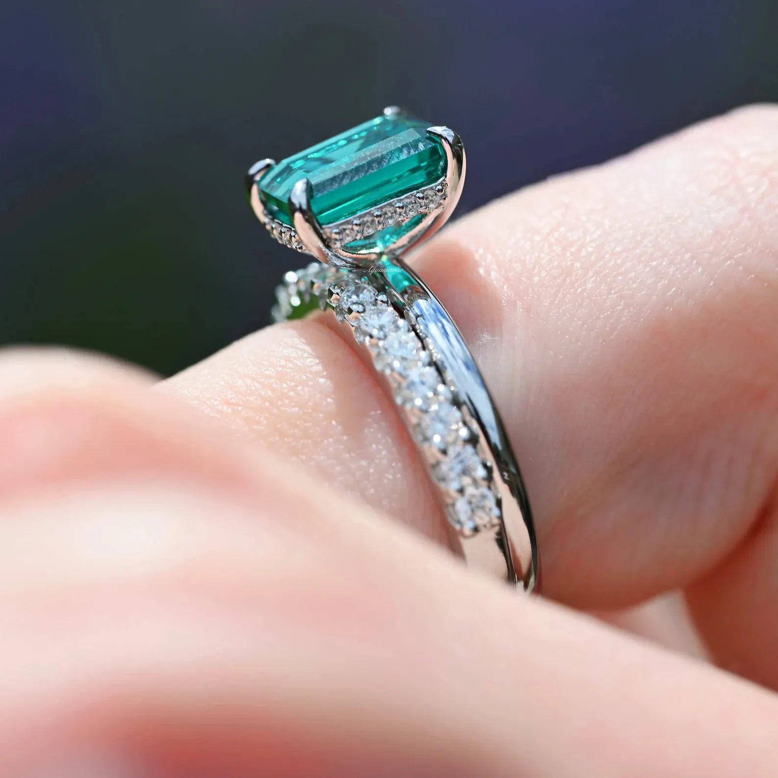 Hidden Halo Emerald Ring Set- 925 Sterling Silver
