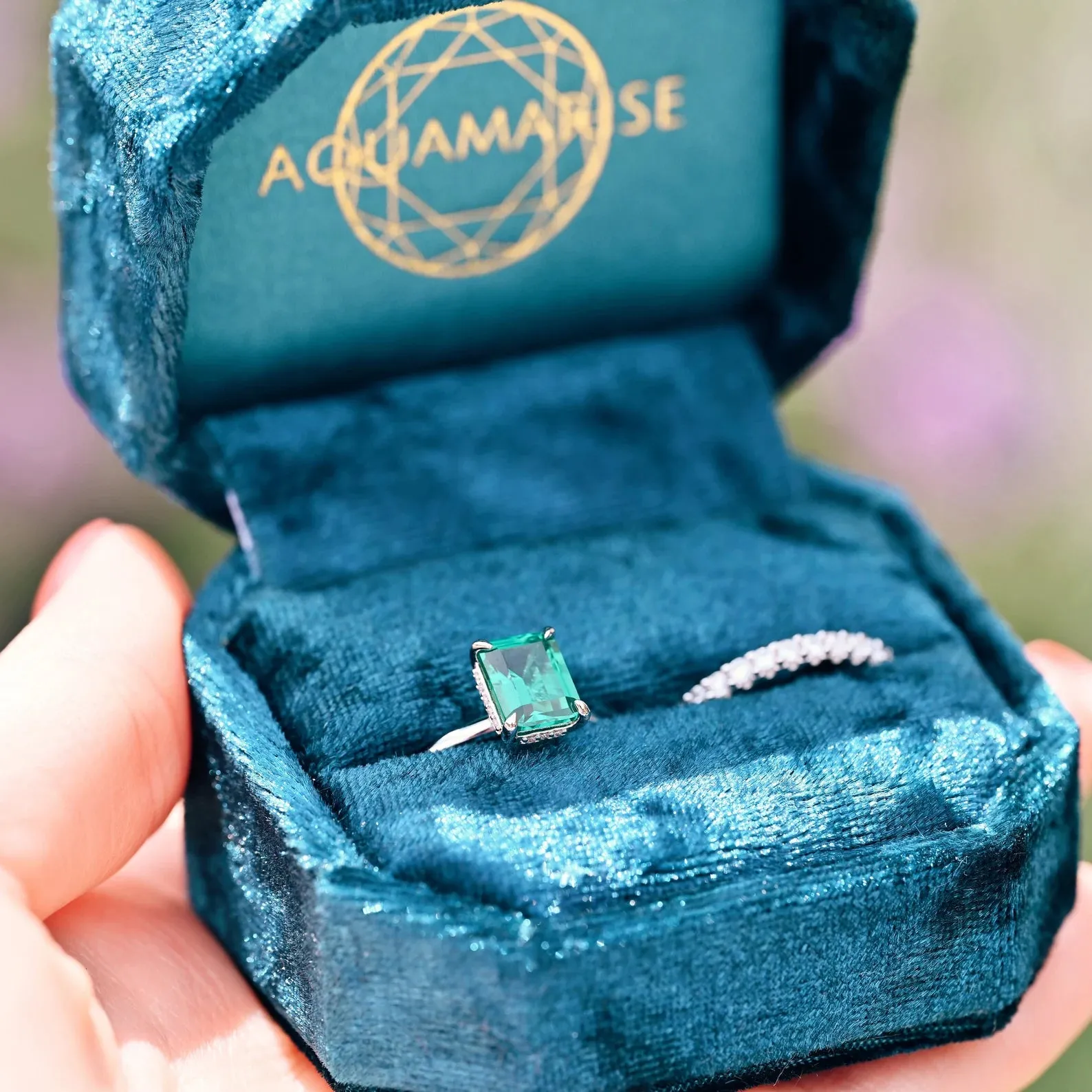 Hidden Halo Emerald Ring Set- 925 Sterling Silver