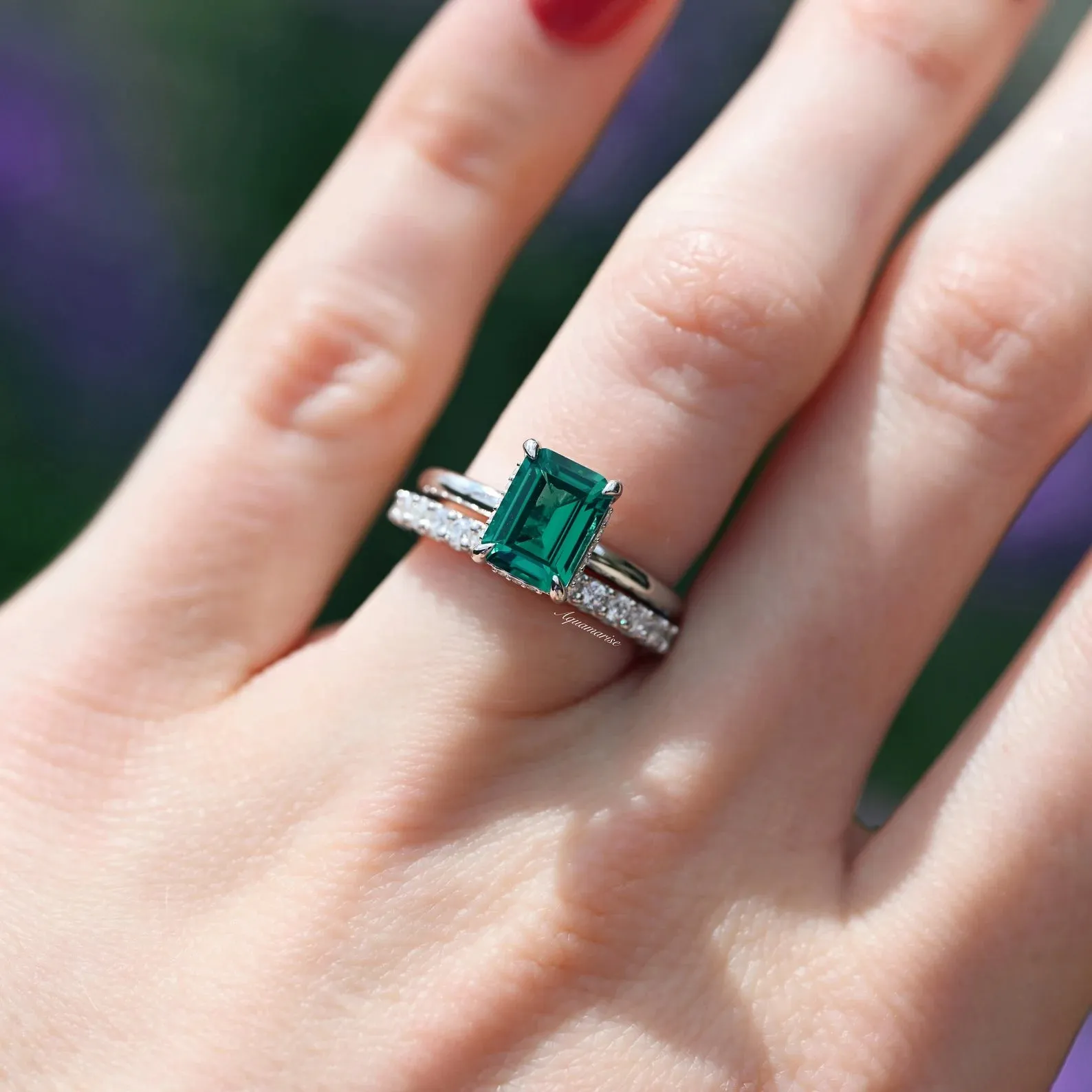 Hidden Halo Emerald Ring Set- 925 Sterling Silver