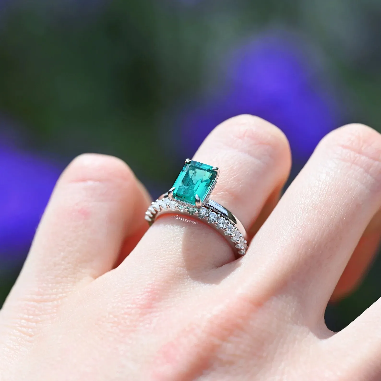 Hidden Halo Emerald Ring Set- 925 Sterling Silver