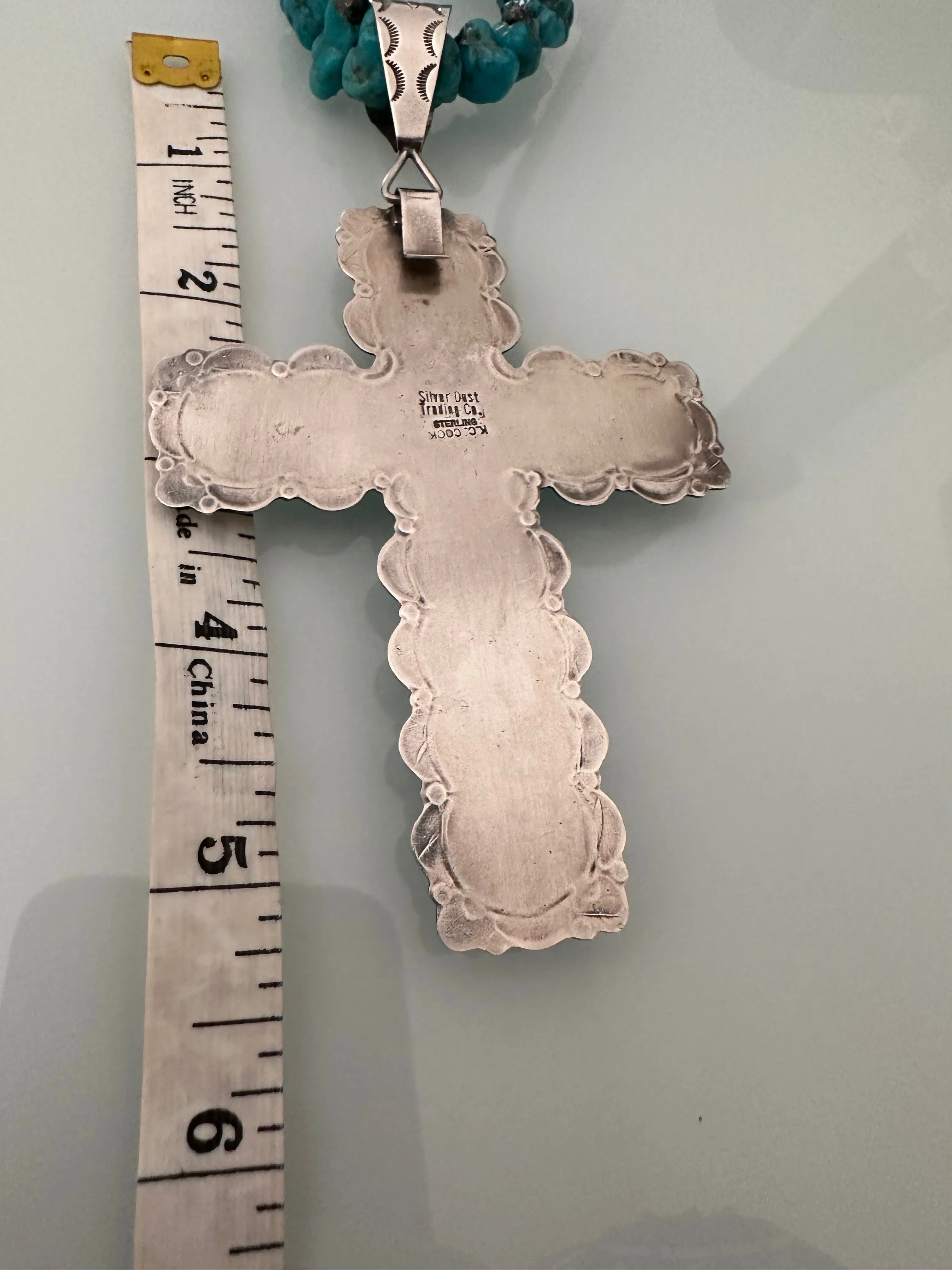 KC Cook Navajo Silver & Turquoise Huge Cross Necklace