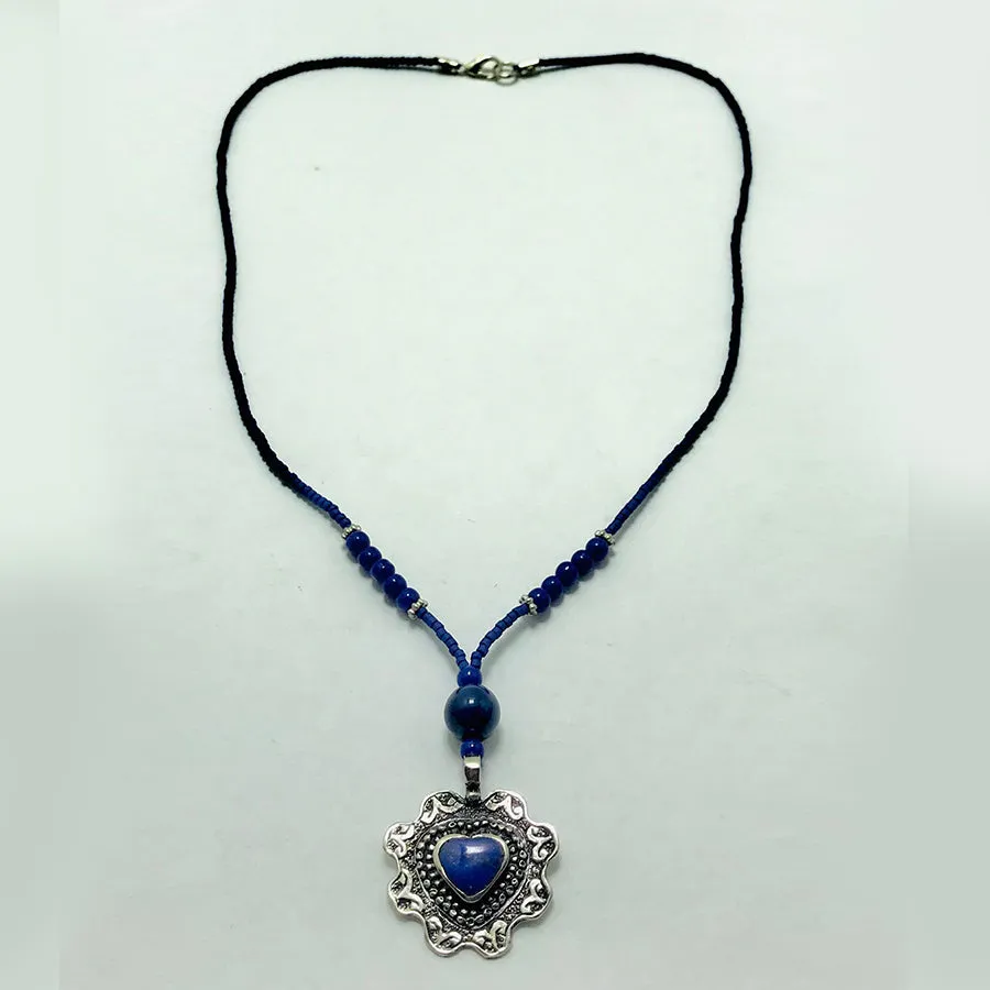 Lapis Beaded Necklace with Silver Heart Pendant
