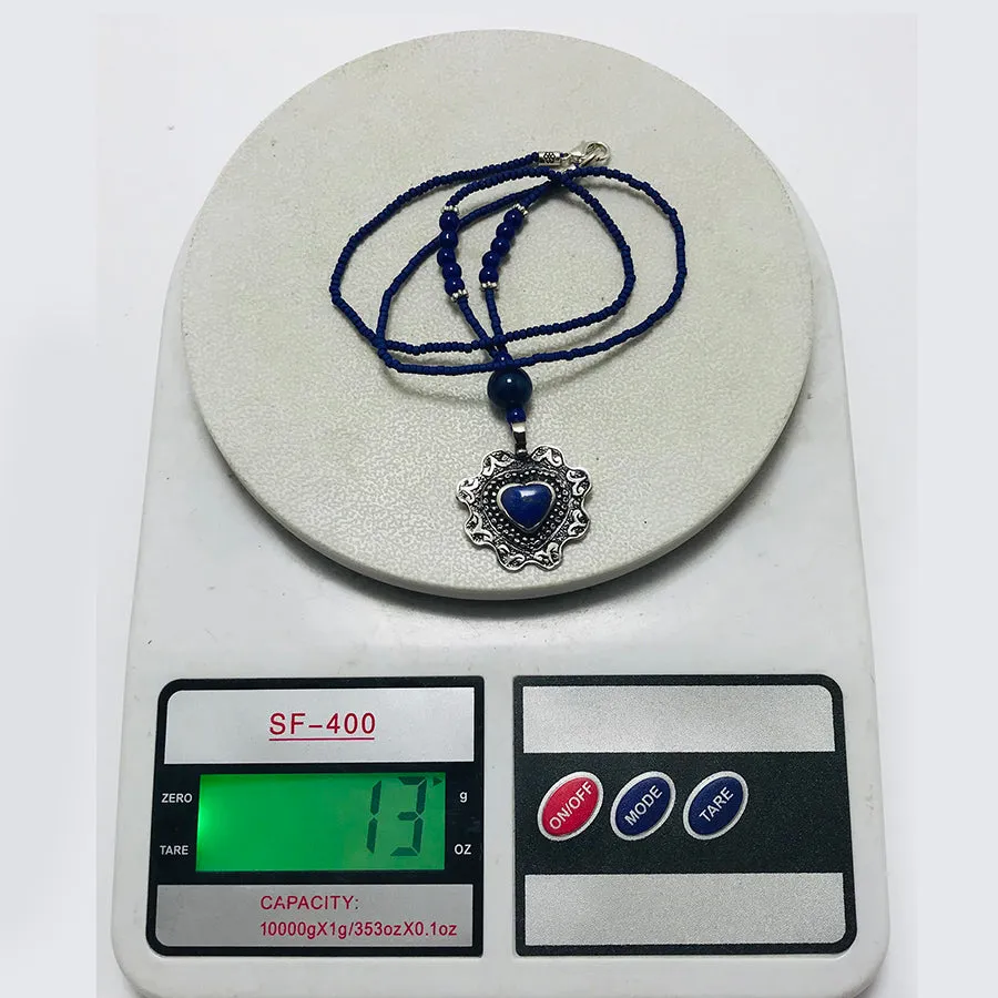 Lapis Beaded Necklace with Silver Heart Pendant