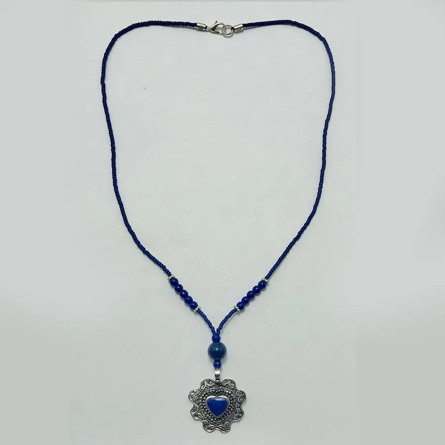 Lapis Beaded Necklace with Silver Heart Pendant