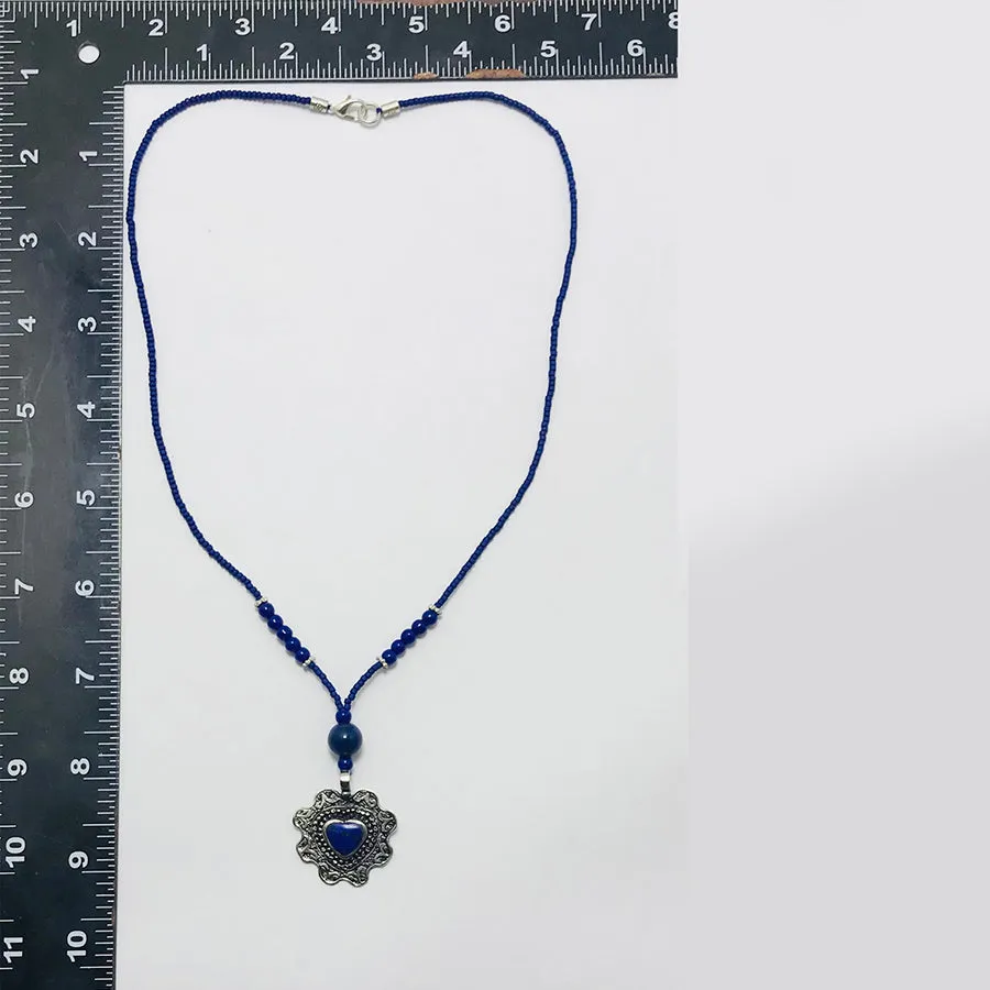 Lapis Beaded Necklace with Silver Heart Pendant