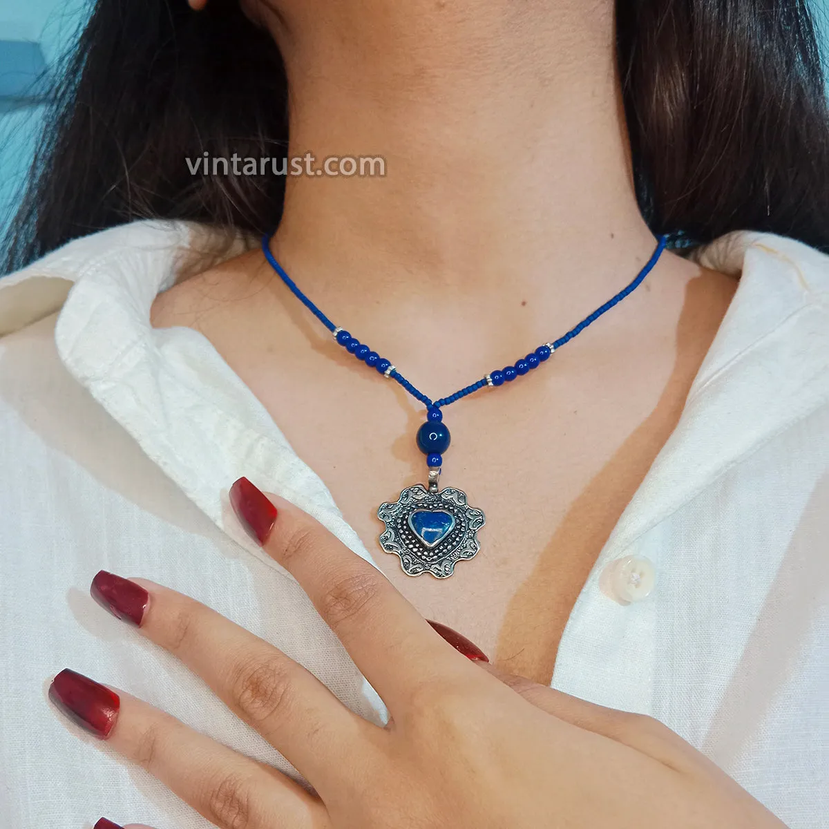 Lapis Beaded Necklace with Silver Heart Pendant