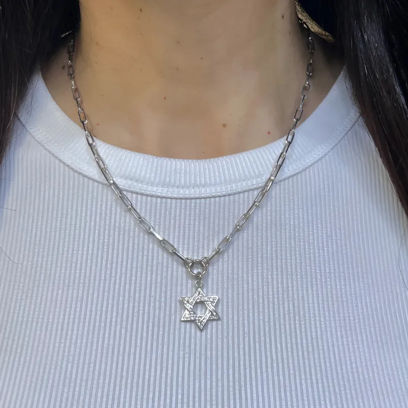 PAPERCLIP CHAIN   PAVE STAR OF DAVID CHARM NECKLACE