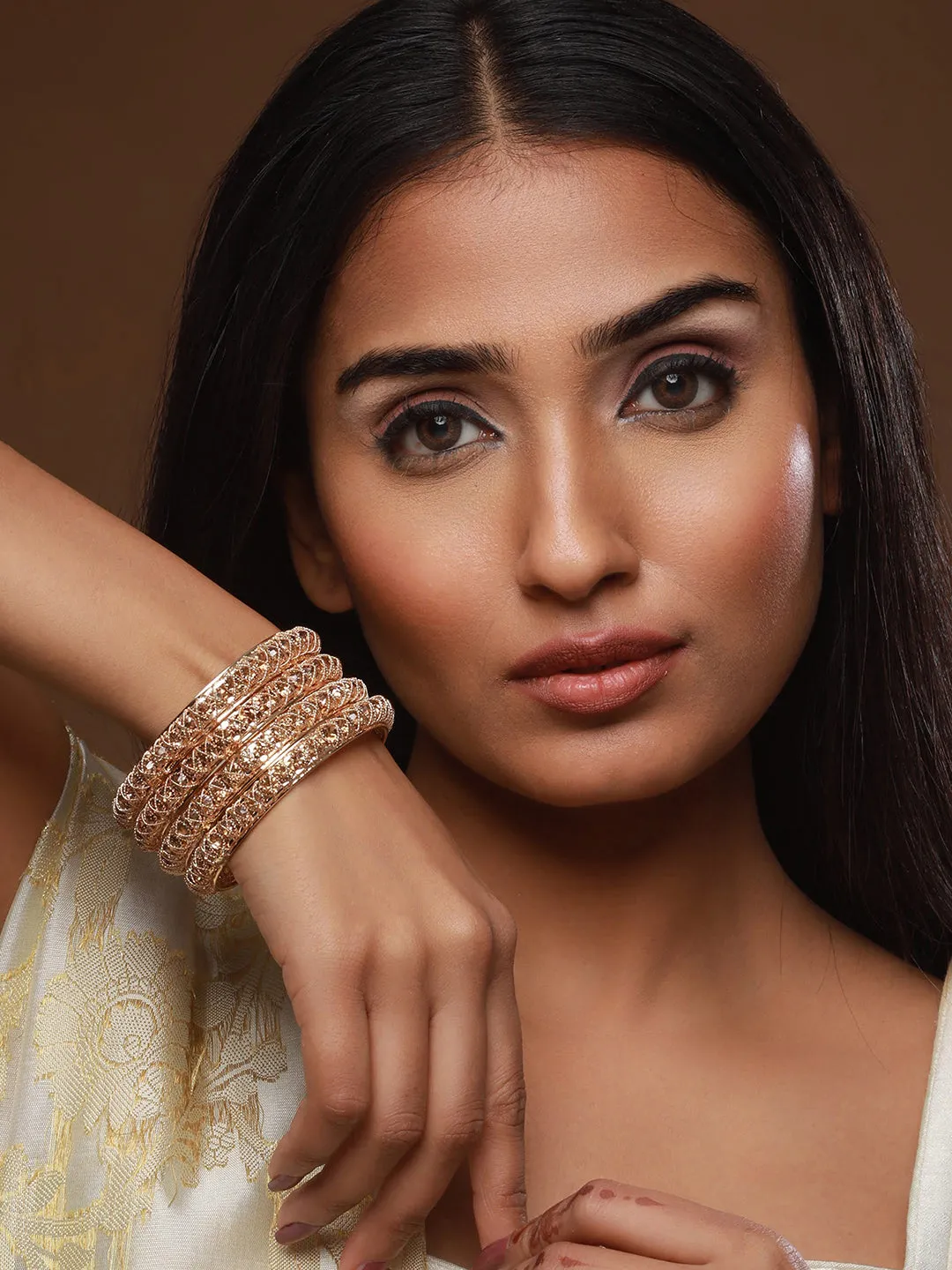 Set Of 4 Gold-Plated Crystal Studded Bangles