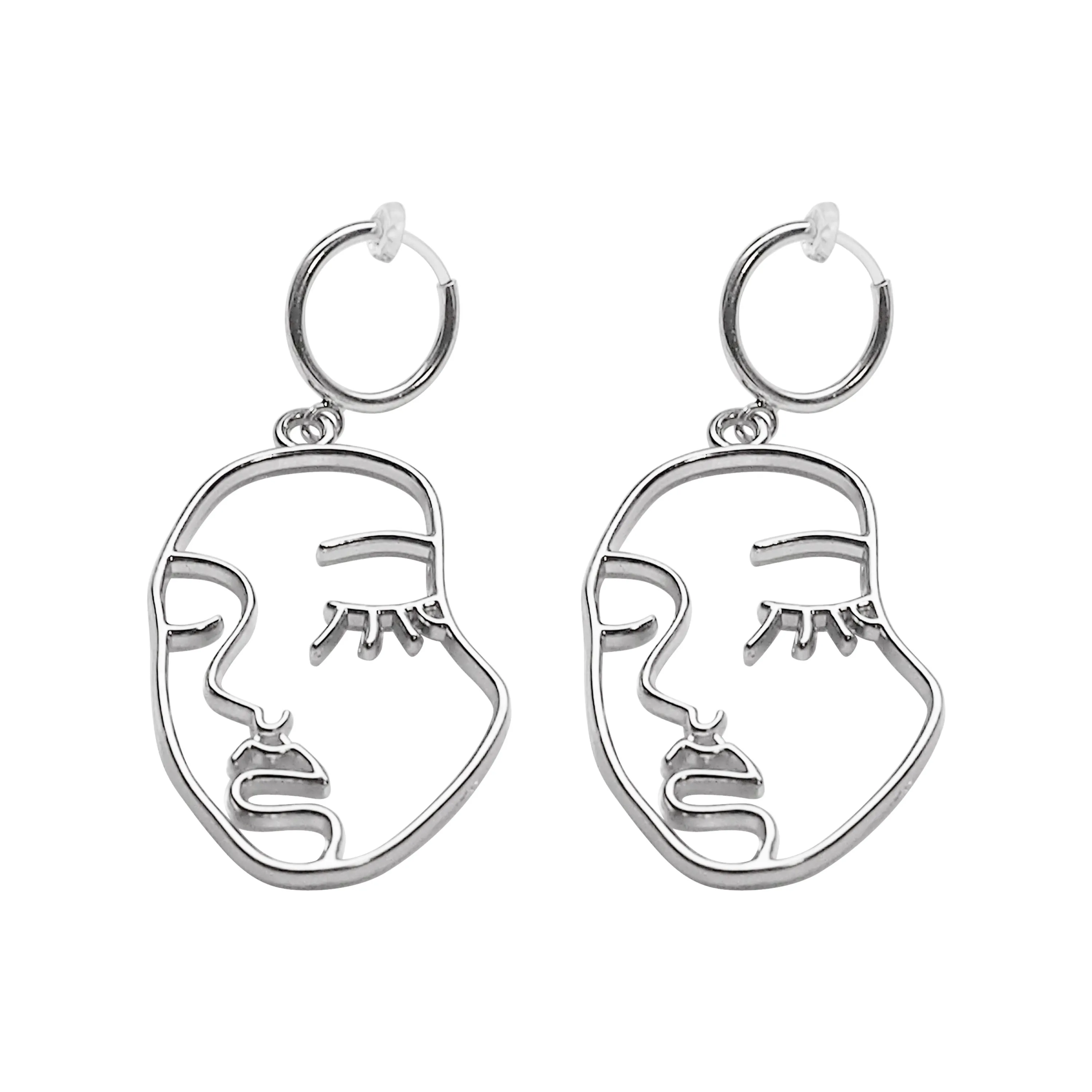 Silver human face clip on hoop earrings
