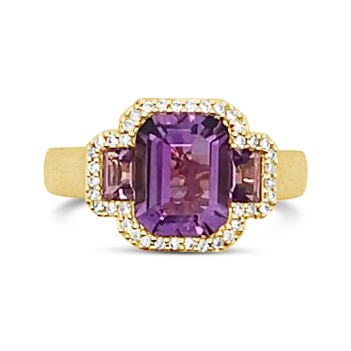 Three Amethysts & Diamond Ring