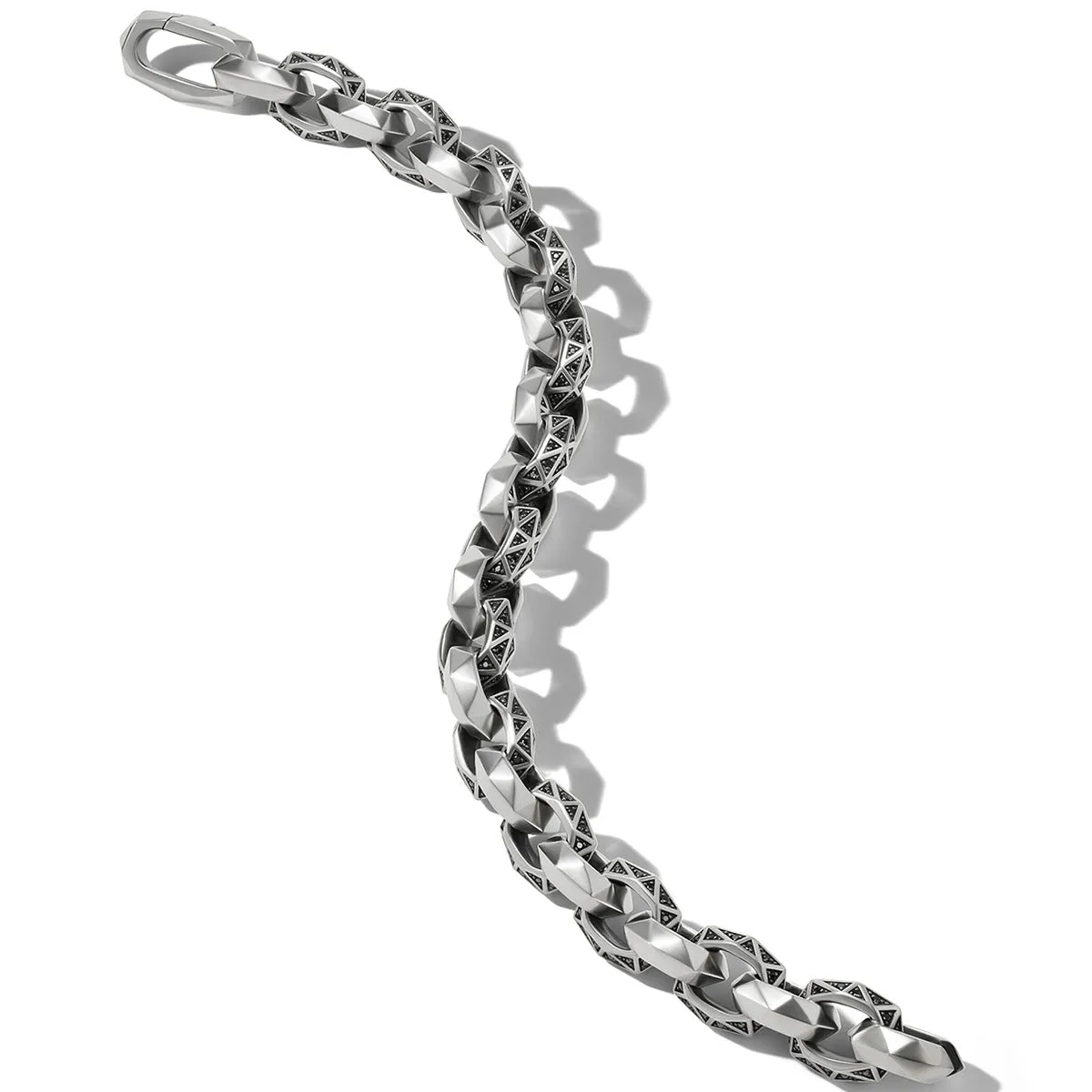 Torqued Faceted Link Bracelet in Sterling Silver with Pave Black Diamonds