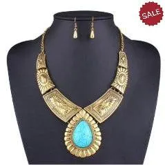 Turquoise Blue Stone Antique Gold Ornate Necklace & Earring Set