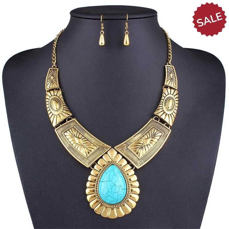 Turquoise Blue Stone Antique Gold Ornate Necklace & Earring Set