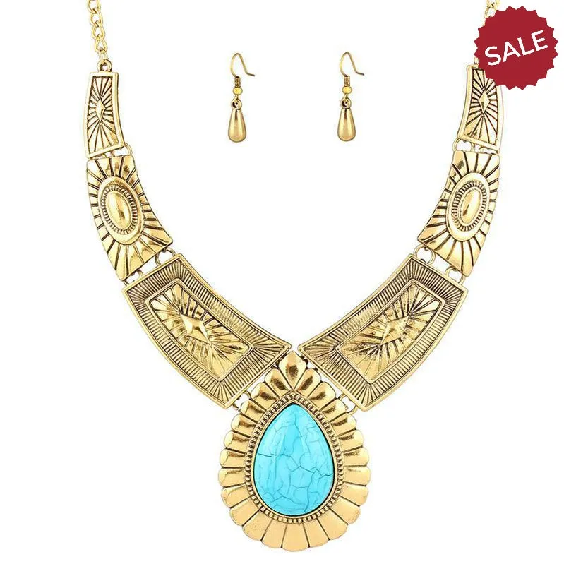 Turquoise Blue Stone Antique Gold Ornate Necklace & Earring Set
