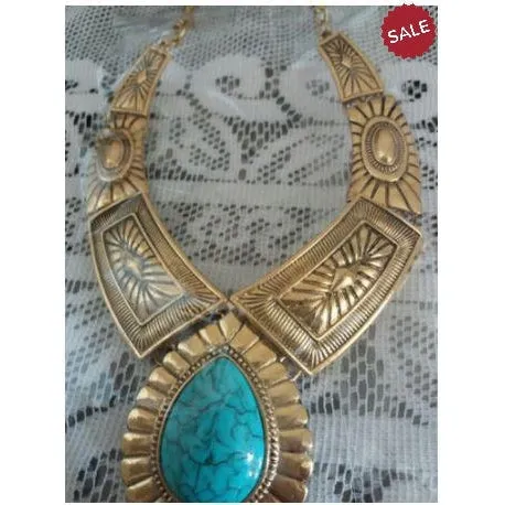 Turquoise Blue Stone Antique Gold Ornate Necklace & Earring Set