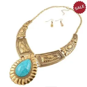 Turquoise Blue Stone Antique Gold Ornate Necklace & Earring Set