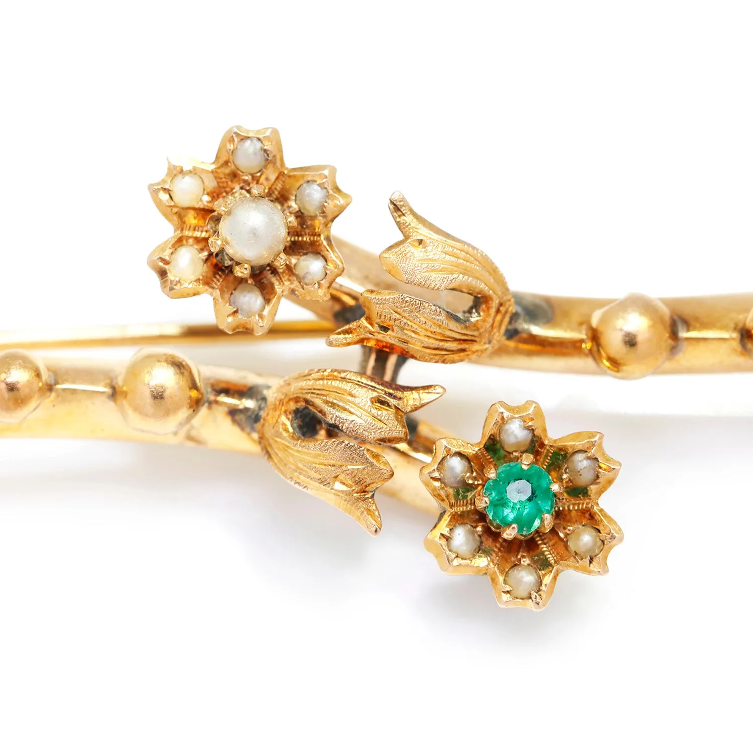 Victorian Emerald & Seed Pearl Rose Flower Brooch Pin 14K Gold