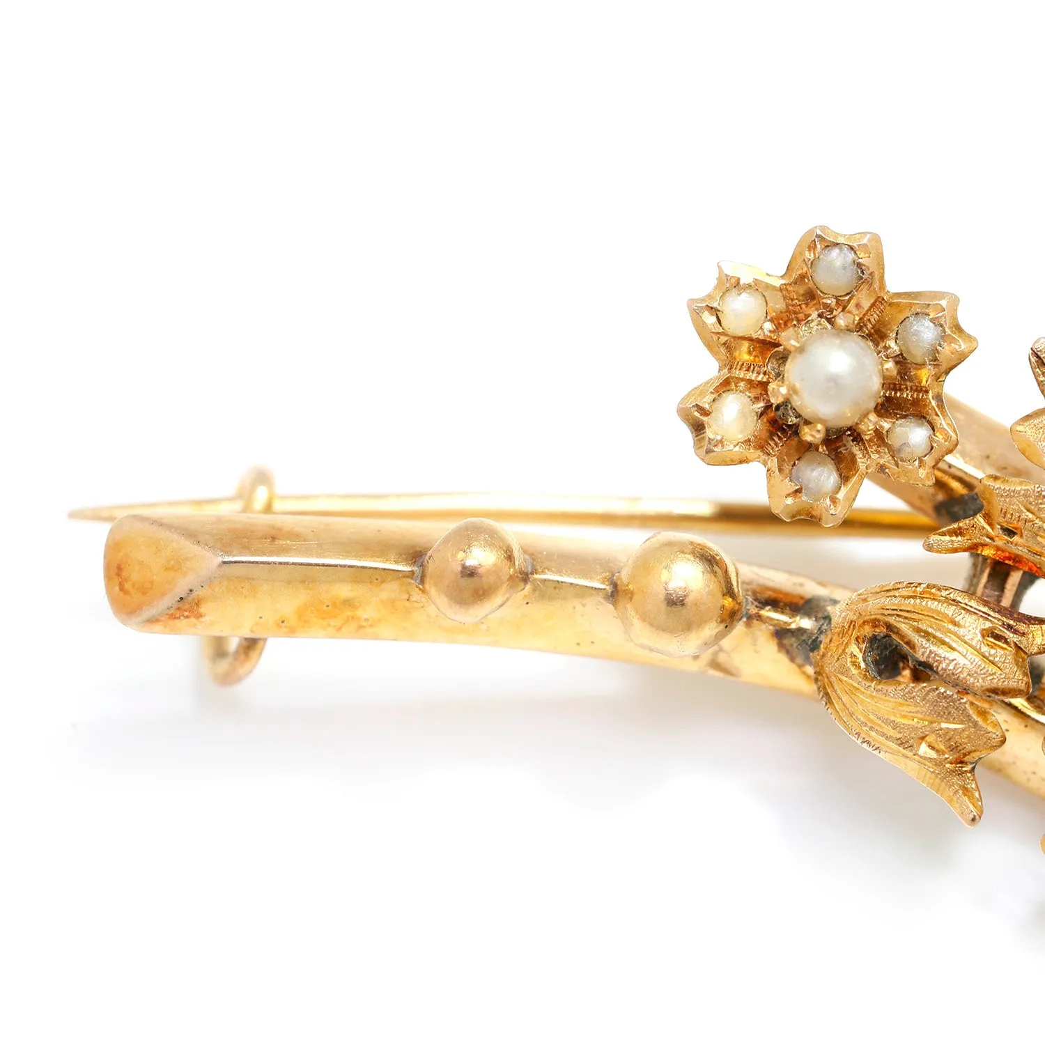 Victorian Emerald & Seed Pearl Rose Flower Brooch Pin 14K Gold