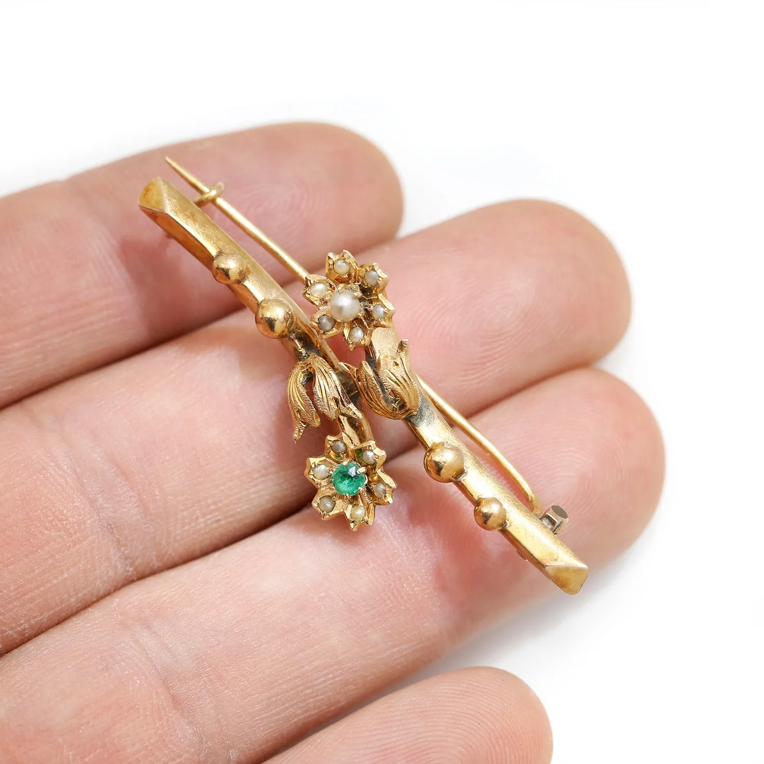 Victorian Emerald & Seed Pearl Rose Flower Brooch Pin 14K Gold