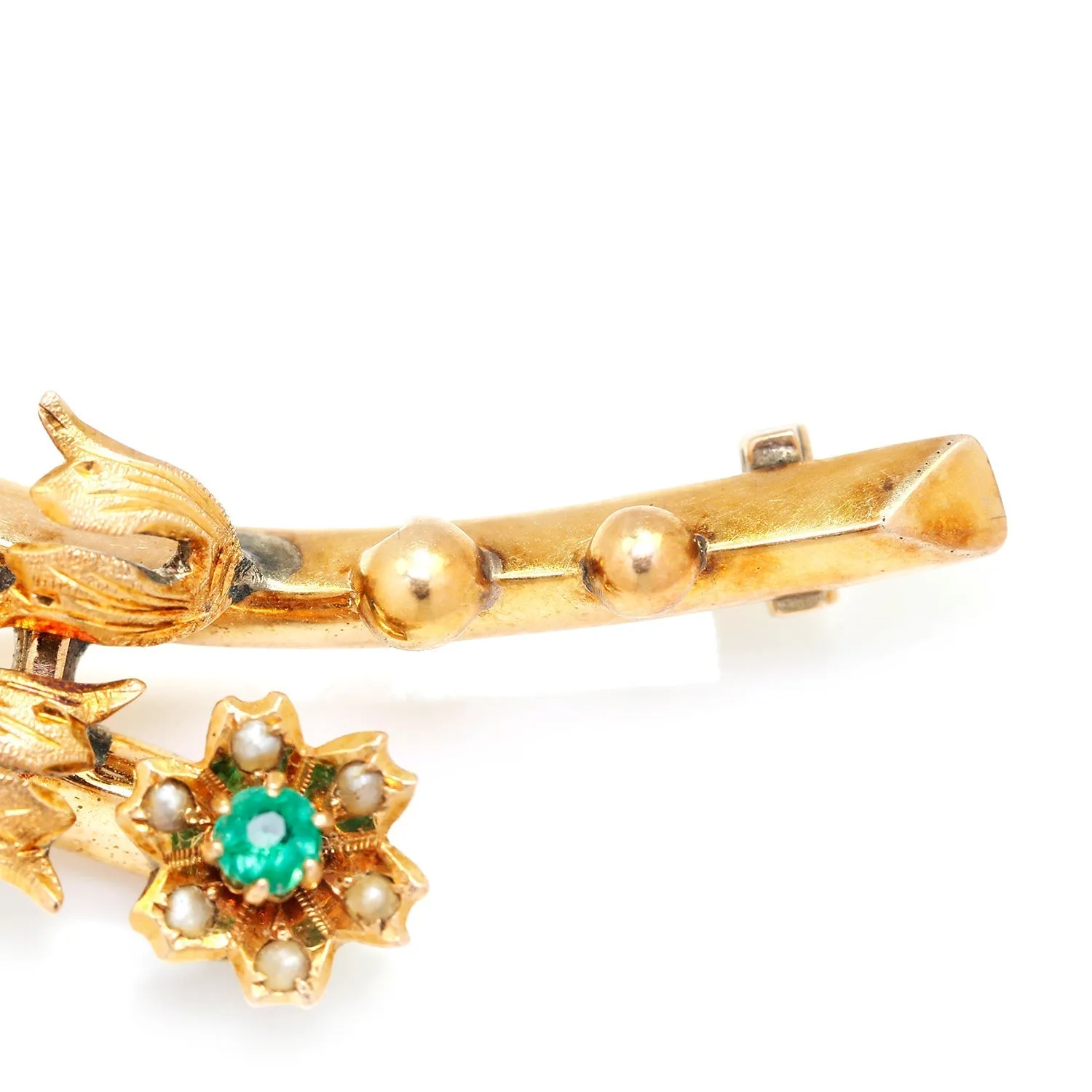 Victorian Emerald & Seed Pearl Rose Flower Brooch Pin 14K Gold