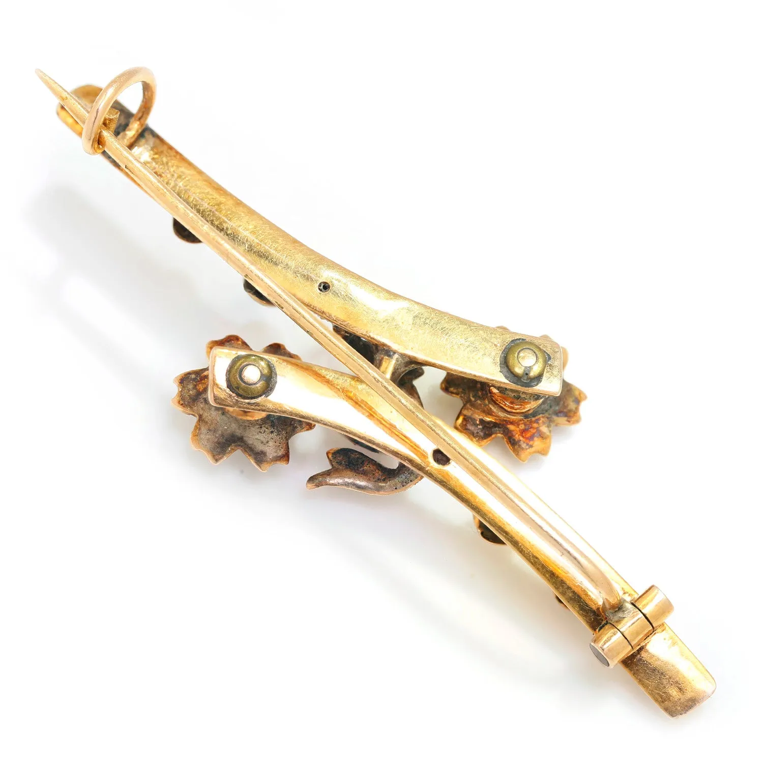 Victorian Emerald & Seed Pearl Rose Flower Brooch Pin 14K Gold