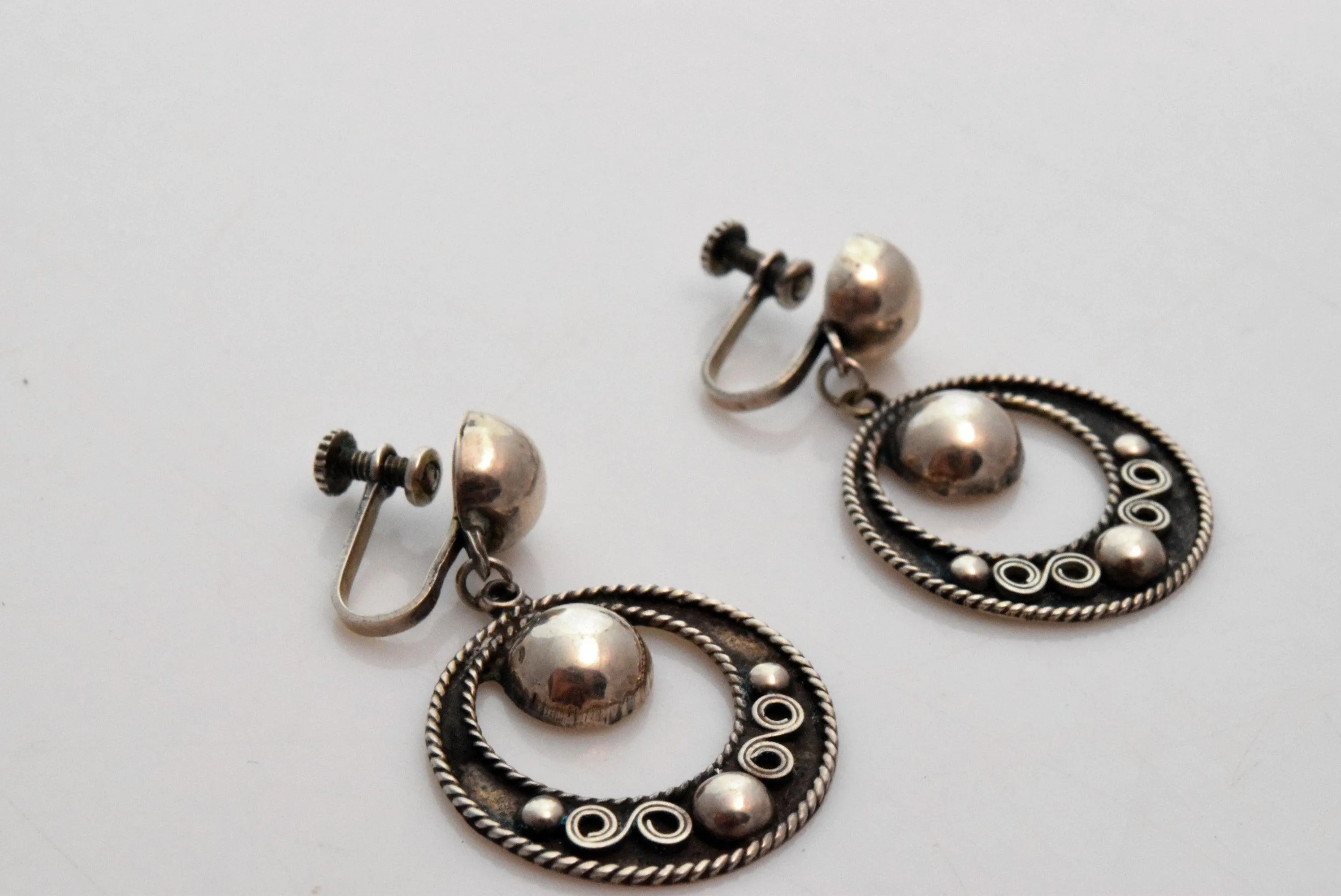 Vintage Early Silver Screw Back Mexico Earrings