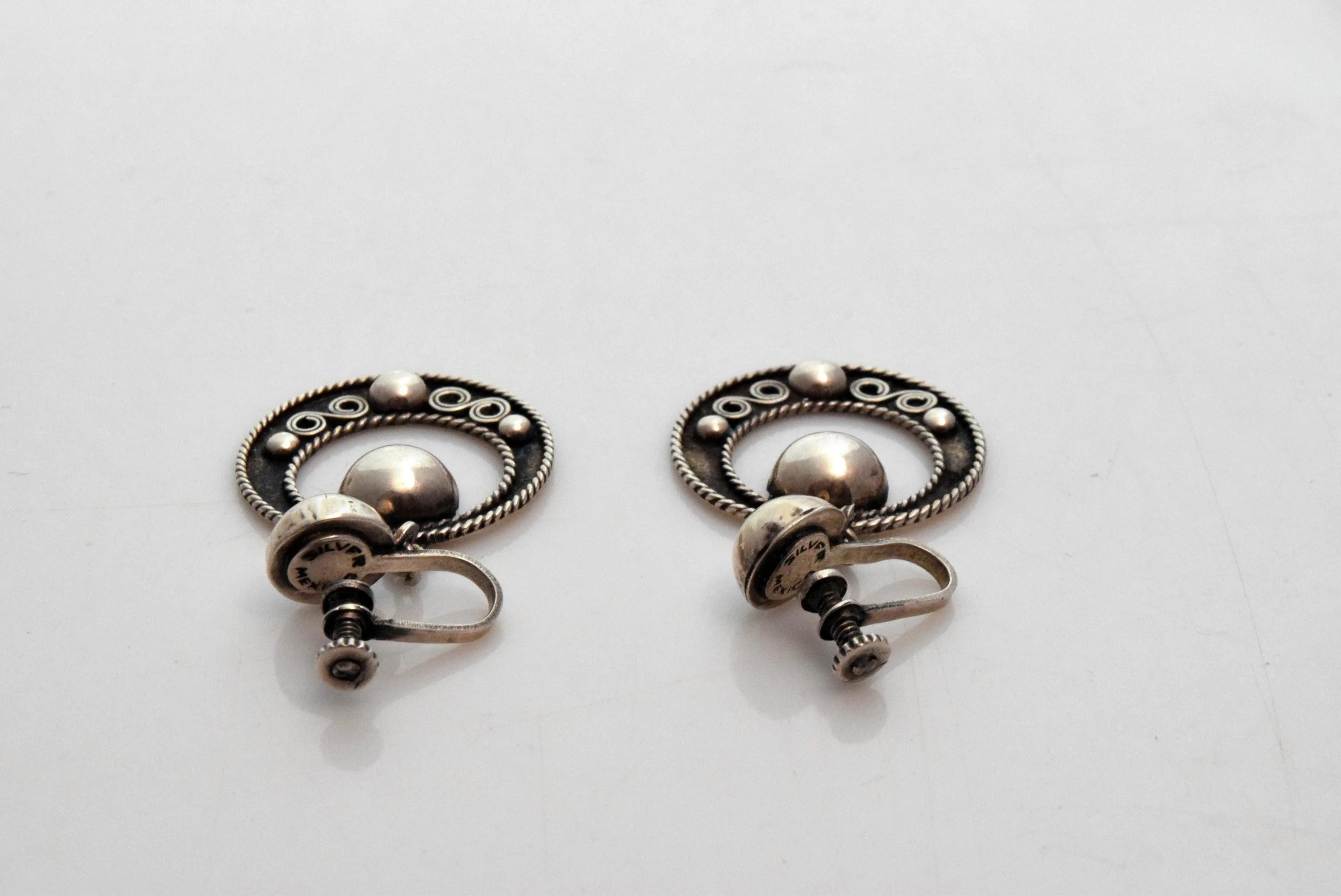 Vintage Early Silver Screw Back Mexico Earrings