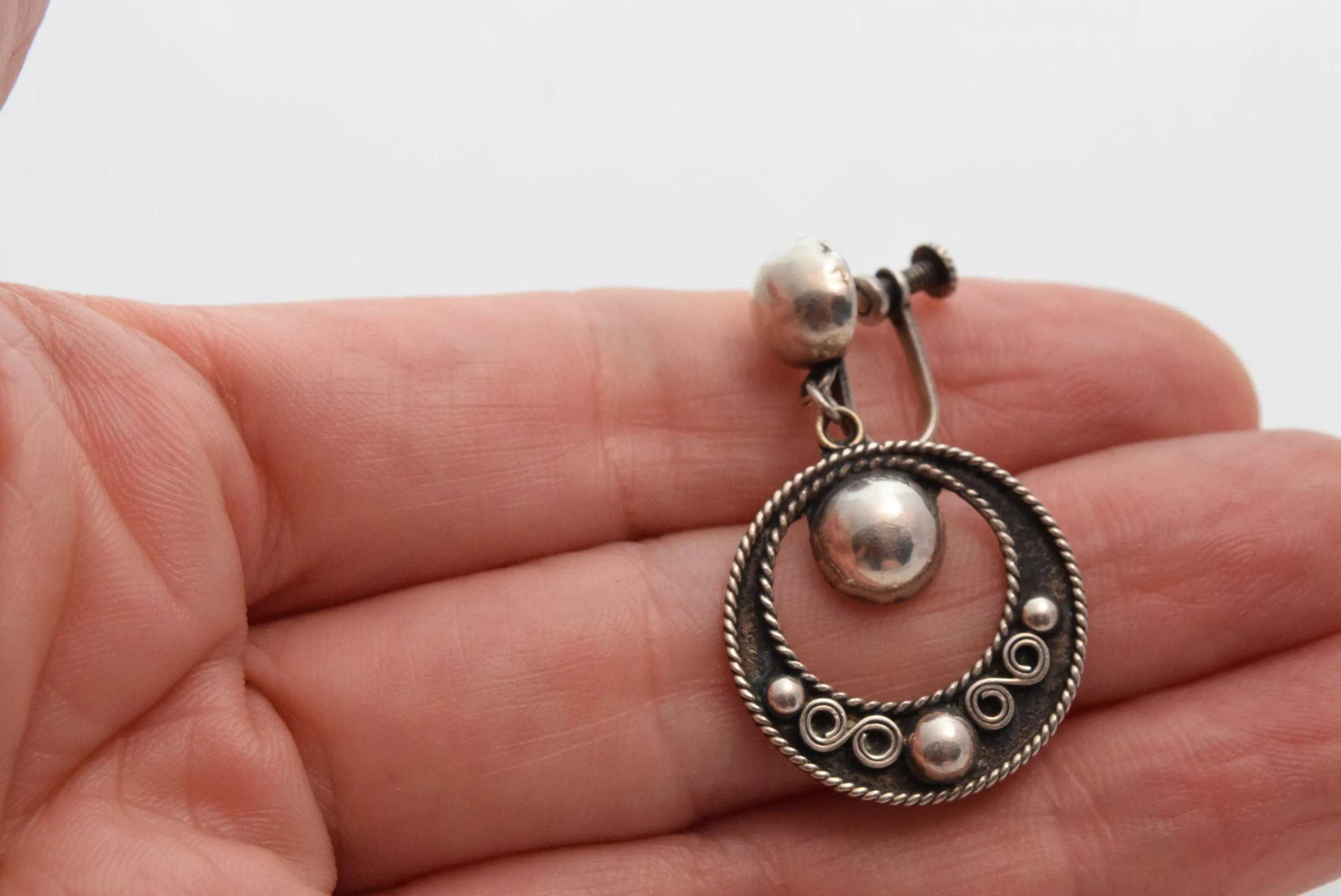 Vintage Early Silver Screw Back Mexico Earrings