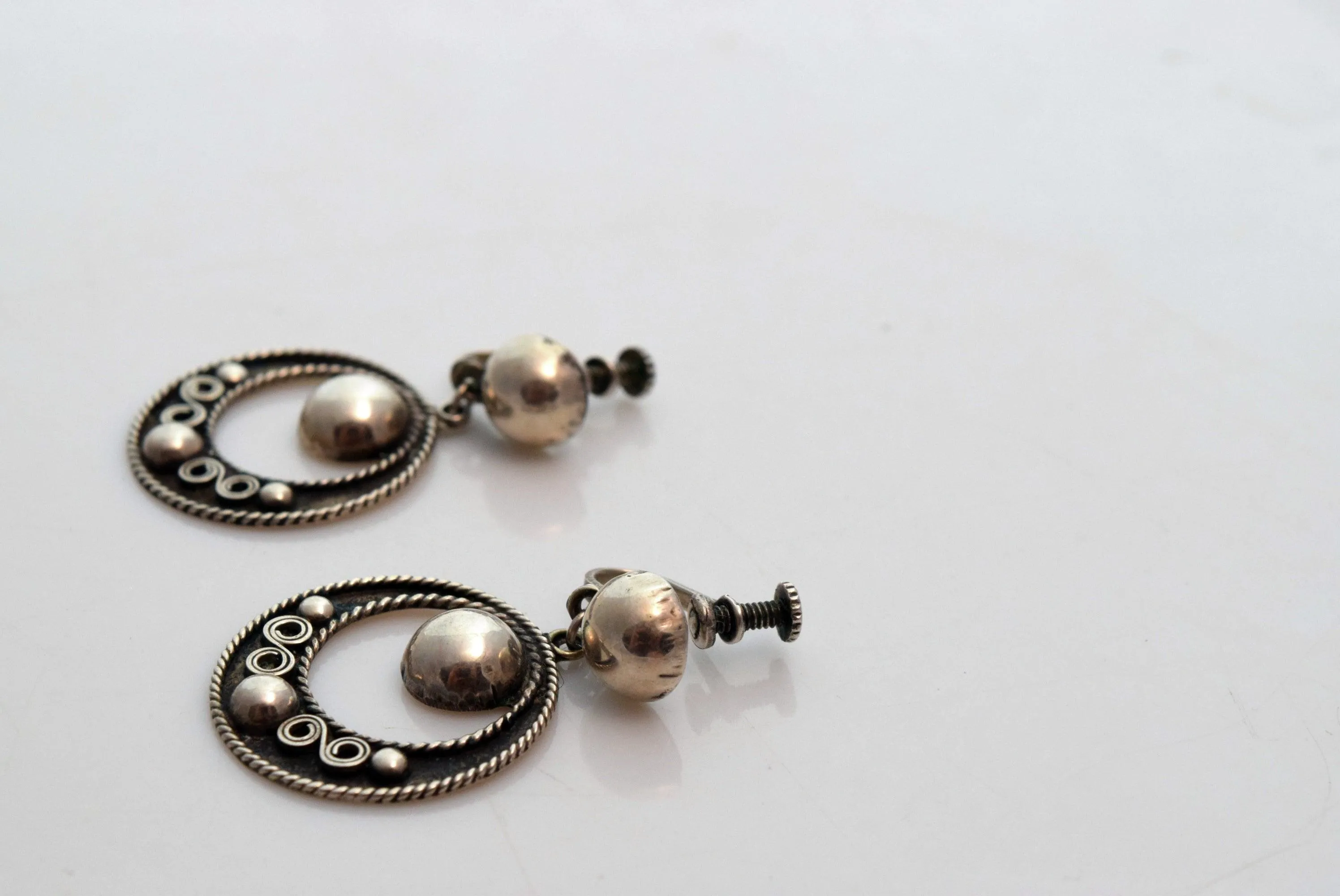 Vintage Early Silver Screw Back Mexico Earrings