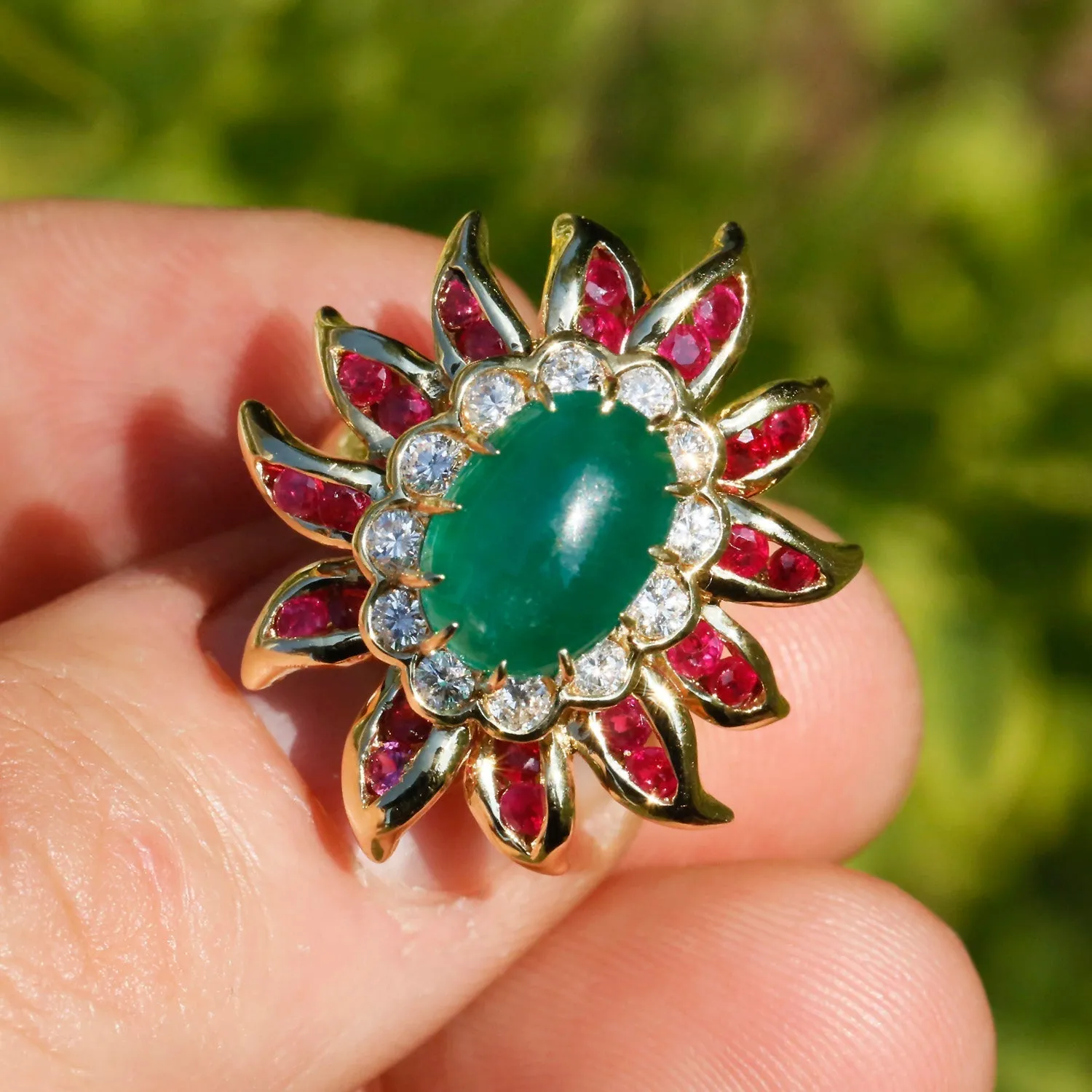 Vintage Emerald Flower Ring with Diamonds & Rubies 18K Gold